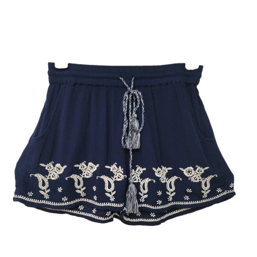 Patrons of Peace XS Navy Embroidered Boho Tassel Pull On Shorts Pockets